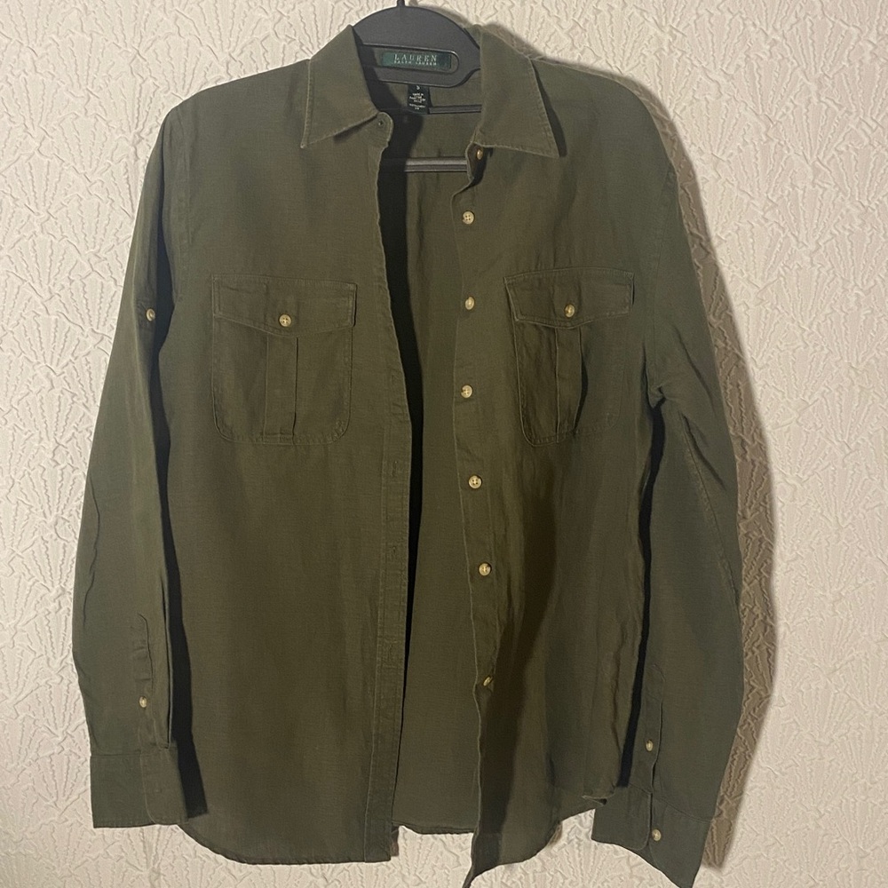Lauren Ralph Lauren Dark Green Shirt Jacket Utility 100% Linen Size S Cabincore